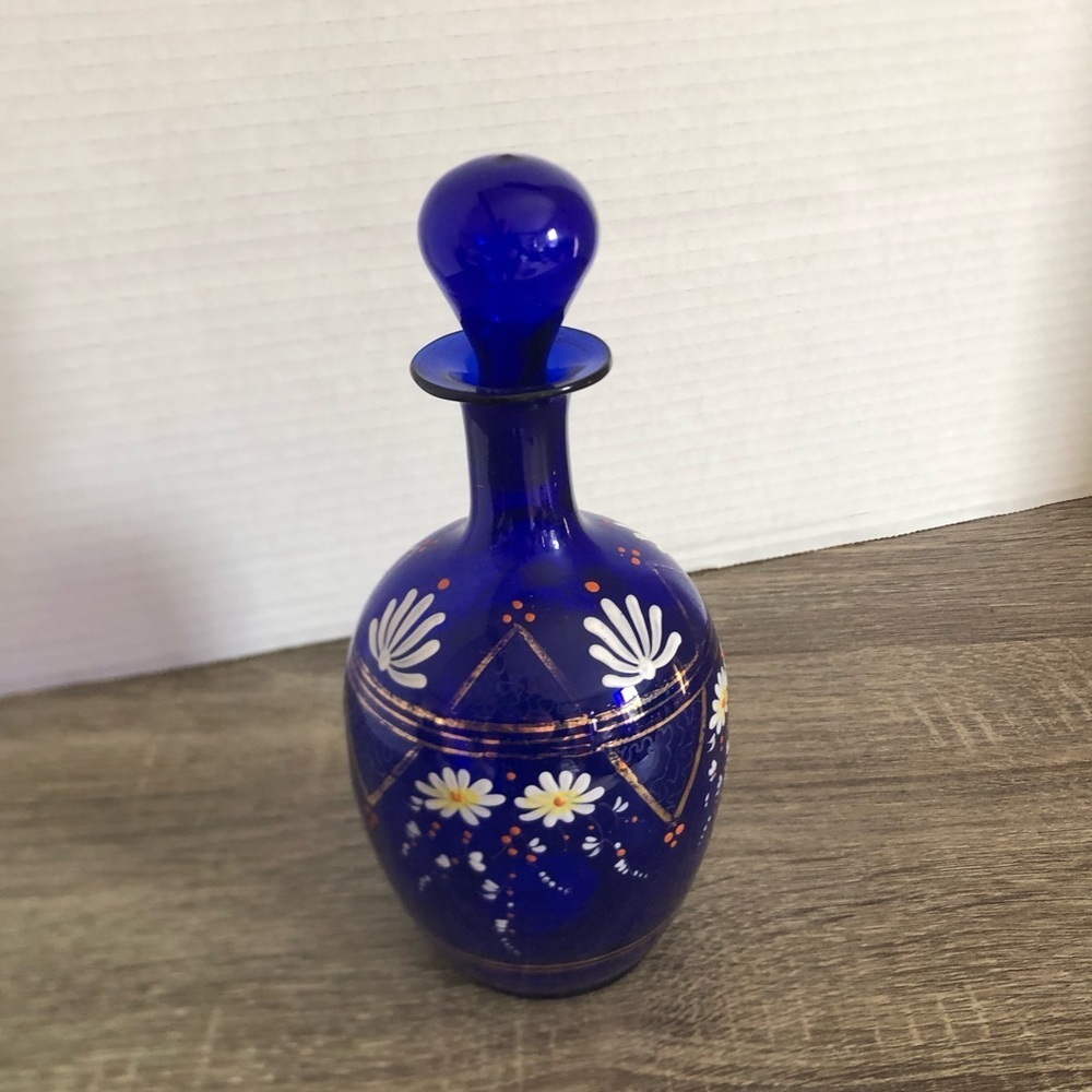 Vtg Hand Painted Cobalt Glass Decanter